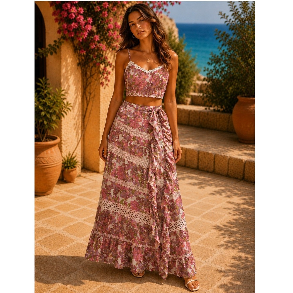Z&L Europe Women Pink Floral Lace Trim Crop Top and Maxi Skirt Set Size L NWT